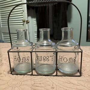Glass Vase Set with Metal Holder - Home Sweet Home